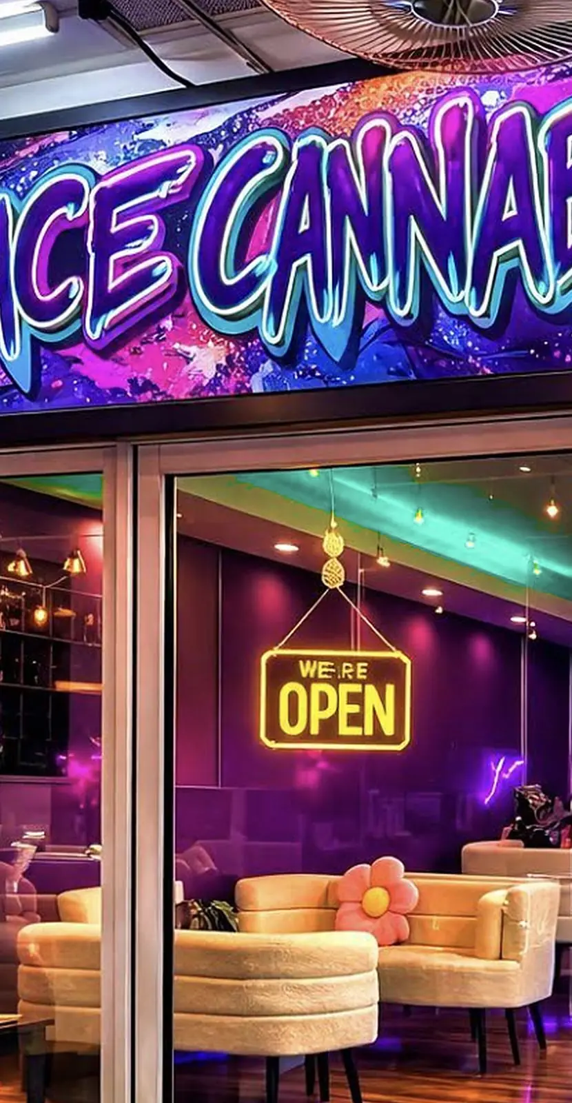 The front of Cannapeace at night: the violet graffiti sign, and through the glass door cream sofas under violet light.