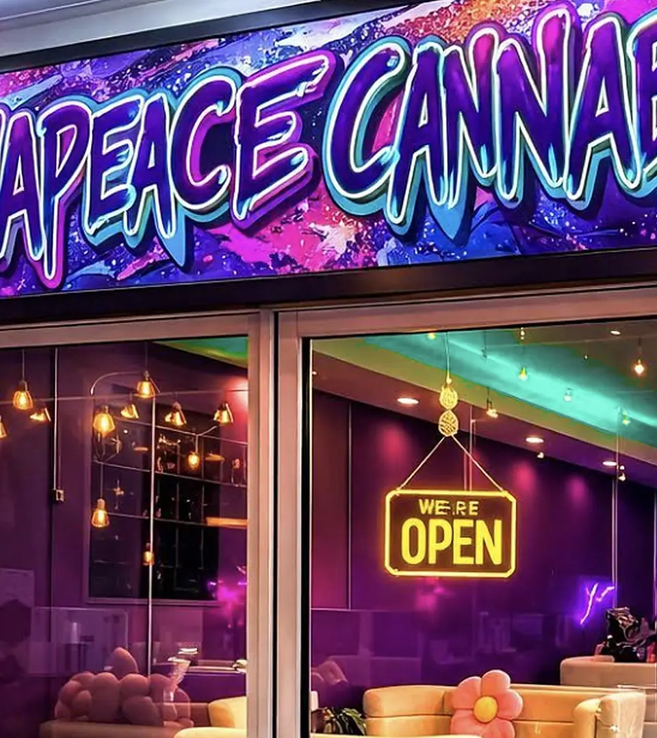 The front of Cannapeace at night: the violet graffiti sign, and through the glass door cream sofas under violet light.
